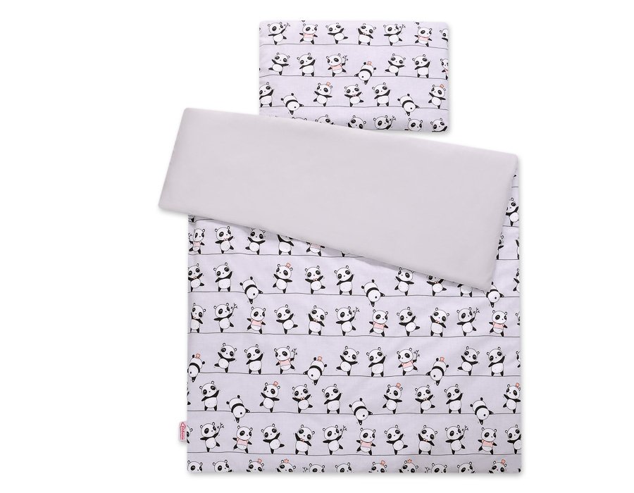 Kūdikio patalynės komplektas iš medvilnės, 2 dalių, 135x100 cm - panda pilka - Image 3