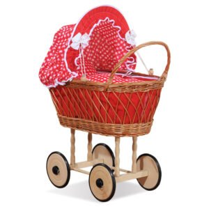 Wicker dolls' pram with red bedding and padding VERONICA - natural
