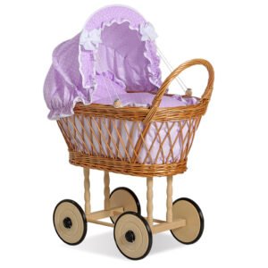 Wicker dolls' pram with lila bedding and padding VERONICA - natural