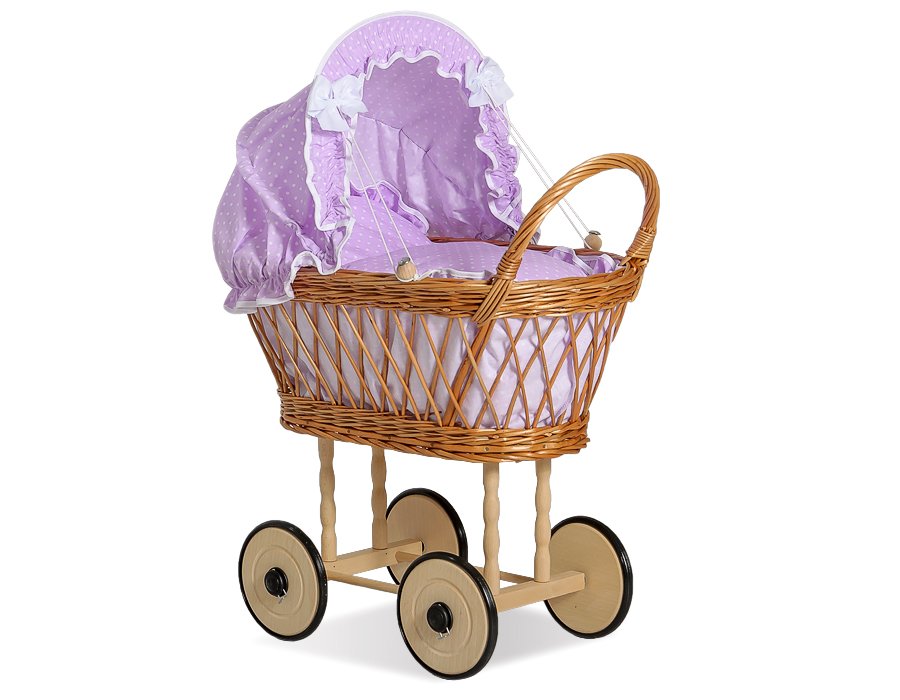 Wicker dolls' pram with lila bedding and padding VERONICA - natural