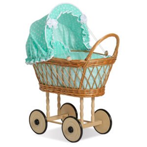 Wicker dolls' pram with mint bedding and padding VERONICA - natural