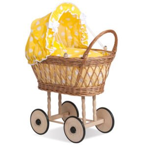Wicker dolls' pram with yellow bedding and padding VERONICA - natural