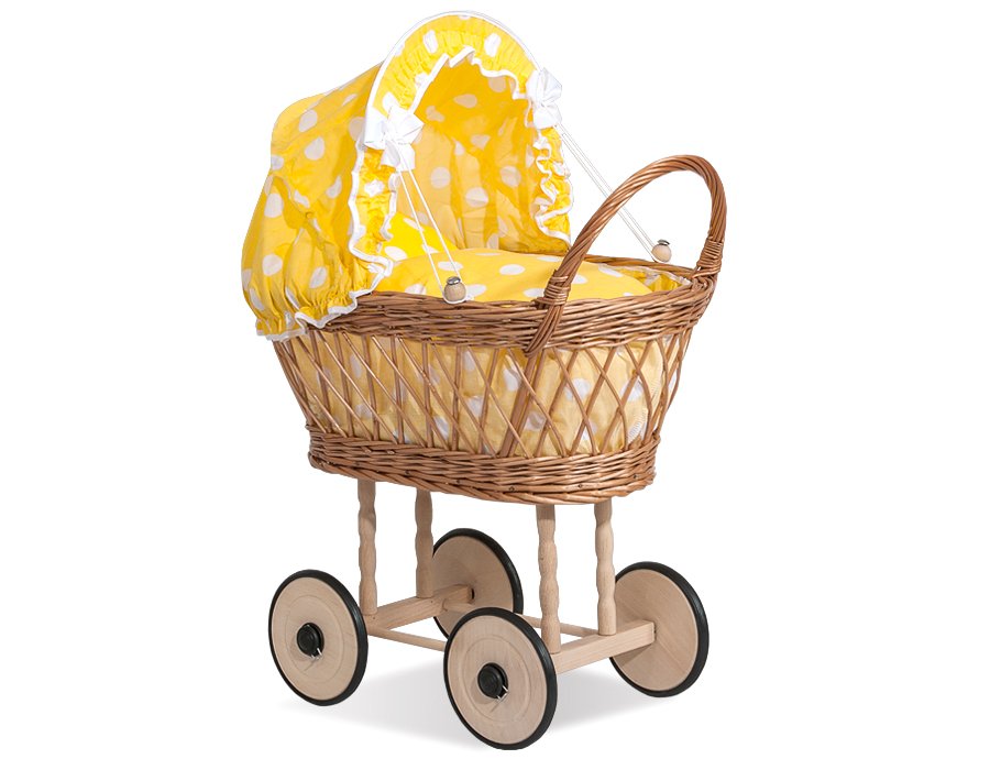 Wicker dolls' pram with yellow bedding and padding VERONICA - natural