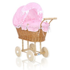 Wicker dolls' pram with pink bedding and padding NATALIA natural