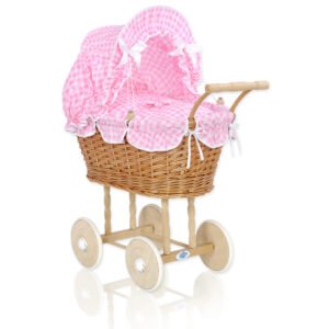 Wicker dolls' pram with pink bedding and padding NATALIA natural