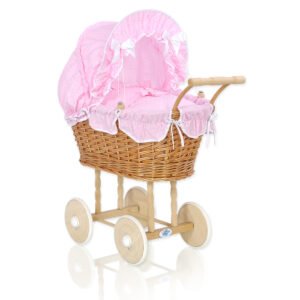 Wicker dolls' pram with pink bedding and padding NATALIA natural