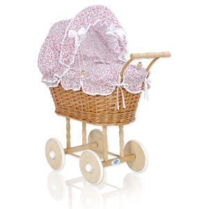 Wicker dolls' pram with pink bedding and padding NATALIA natural