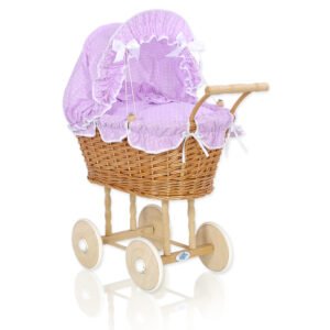 Wicker dolls' pram with lila bedding and padding NATALIA natural