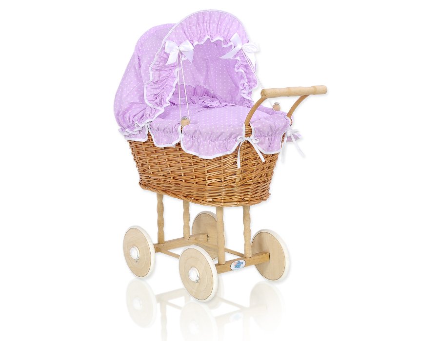 Wicker dolls' pram with lila bedding and padding NATALIA natural