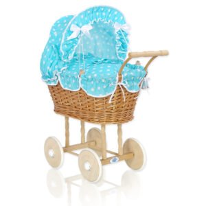 Wicker dolls' pram with turquoise bedding and padding NATALIA natural