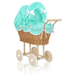 Wicker dolls' pram with mintbedding and padding NATALIA natural