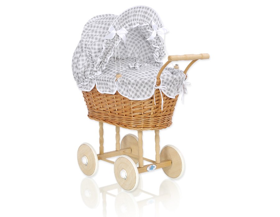 Wicker dolls' pram with grey bedding and padding NATALIA natural