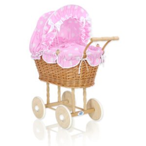 Wicker dolls' pram with pink bedding and padding NATALIA natural