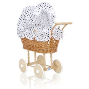 Wicker dolls' pram with white-black bedding and padding NATALIA natural