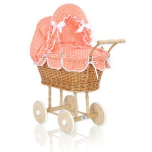 Wicker dolls' pram with peach bedding and padding NATALIA natural