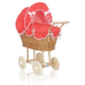 Wicker dolls' pram with red bedding and padding NATALIA natural