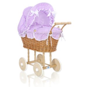 Wicker dolls' pram with lila bedding and padding NATALIA natural