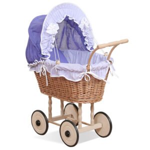 Wicker dolls' pram with purple bedding and padding NATALIA natural