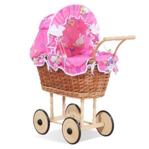 Wicker dolls' pram with pink bedding and padding NATALIA natural