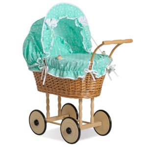 Wicker dolls' pram with mint bedding and padding NATALIA natural