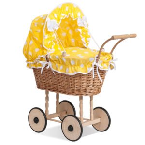Wicker dolls' pram with yellow bedding and padding NATALIA natural