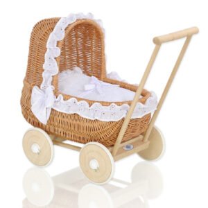 Wicker doll pushchair with bedding white - natural