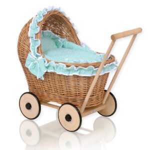 Wicker doll pushchair with mint bedding and soft padding CHIARA - natural