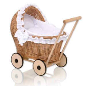 Wicker doll pushchair with white bedding and soft padding CHIARA - natural