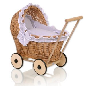 Wicker doll pushchair with grey bedding and soft padding CHIARA - natural