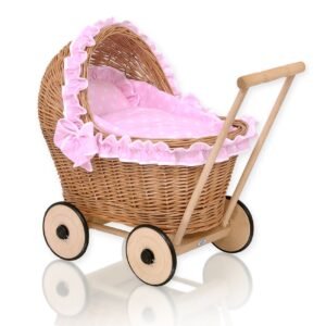 Wicker doll pushchair with pink bedding and soft padding CHIARA - natural