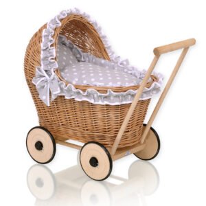 Wicker doll pushchair with grey bedding and soft padding CHIARA - natural