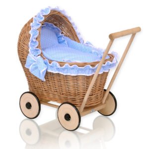 Wicker doll pushchair with blue bedding and soft padding CHIARA - natural
