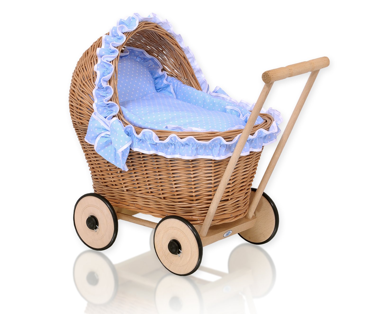 Wicker doll pushchair with blue bedding and soft padding CHIARA - natural