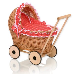 Wicker doll pushchair with red bedding and soft padding CHIARA - natural