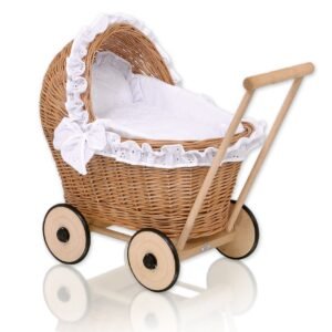 Wicker doll pushchair with white bedding and soft padding AURORA - natural