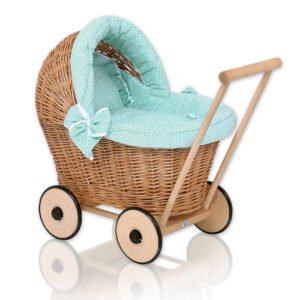 Wicker doll pushchair with mint bedding and soft padding STELLA - natural