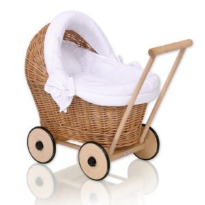 Wicker doll pushchair with white bedding and soft padding STELLA - natural