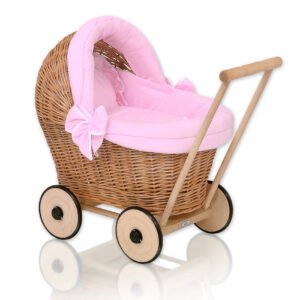 Wicker doll pushchair with pink bedding and soft padding STELLA - natural