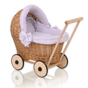 Wicker doll pushchair with grey bedding and soft padding STELLA - natural