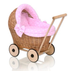 Wicker doll pushchair with pink bedding and soft padding STELLA - natural
