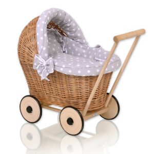 Wicker doll pushchair with grey bedding and soft padding STELLA - natural