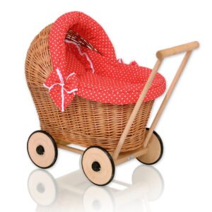 Wicker doll pushchair with red bedding and soft padding STELLA - natural