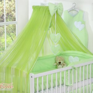 Large mosquito net for baby's bed made of chiffon with hanging hearts and a bow - green