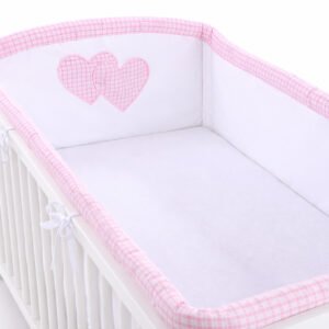 Universal crib rail bumper XXL - Hearts pink checkered