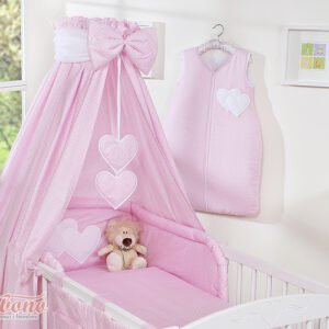 Baldakimas iš audinio – „Hanging Hearts“, balti taškučiai rožiniame fone