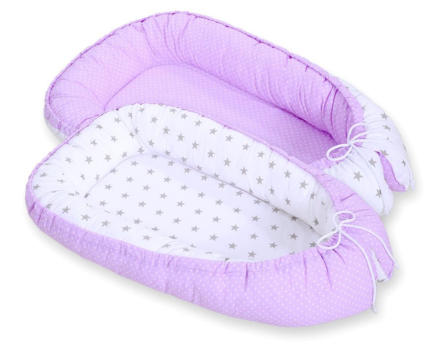 Kūdikio lizdas dvipusis Premium Cocoon naujagimiams BOBONO - balti taškeliai ant alyvinio fono/pilkos žvaigždutės - Image 3