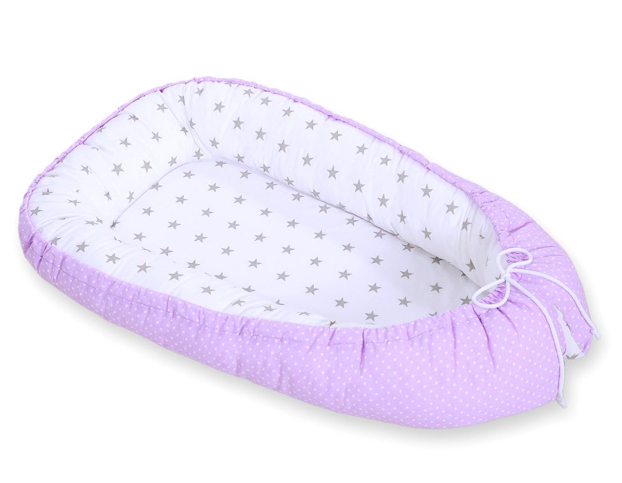 Kūdikio lizdas dvipusis Premium Cocoon naujagimiams BOBONO - balti taškeliai ant alyvinio fono/pilkos žvaigždutės - Image 4