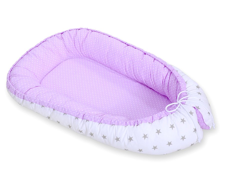 Kūdikio lizdas dvipusis Premium Cocoon naujagimiams BOBONO - balti taškeliai ant alyvinio fono/pilkos žvaigždutės - Image 5