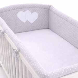 Universal crib rail bumper XXL - Hearts white polka dots on grey