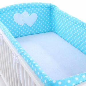 Universal crib rail bumper XXL - Hearts white dots on turquoise